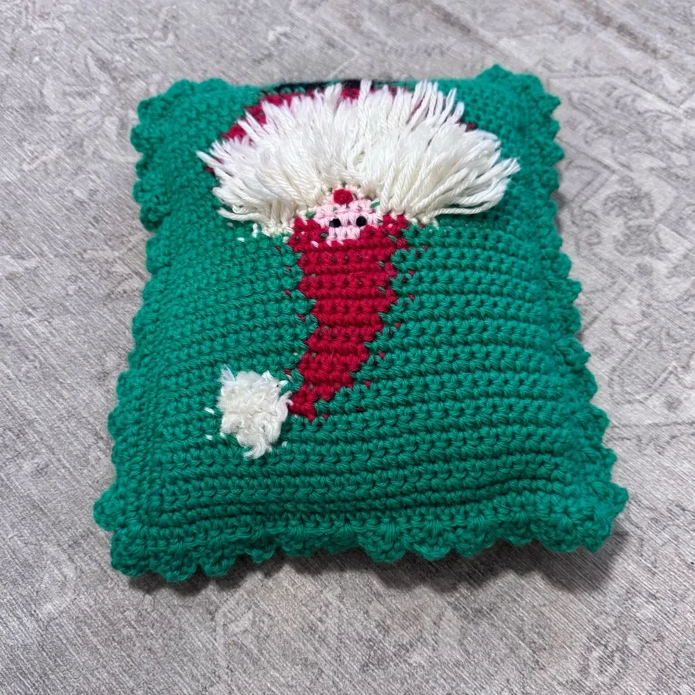 Vintage Green and Red Santa Crochet Pillow Christmas Holiday Decor
